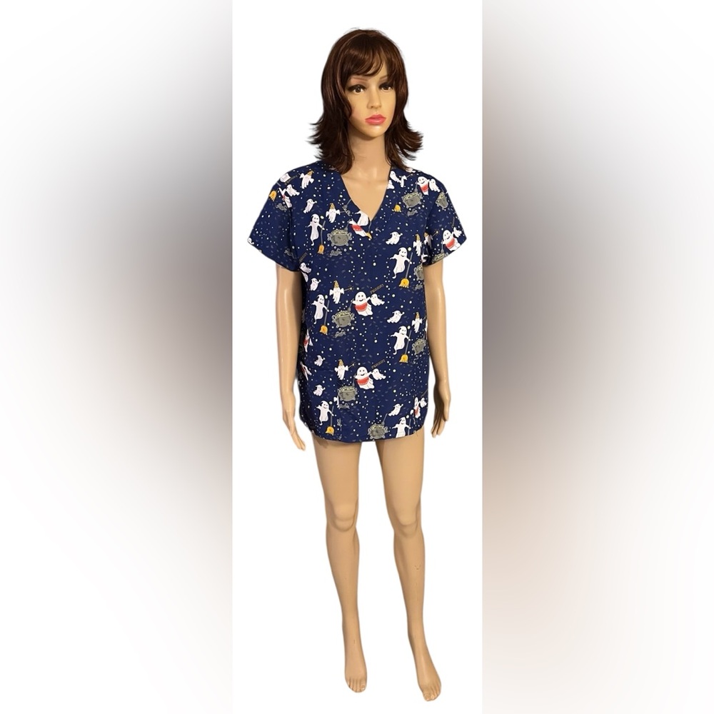 Women's Serene Uniform Scrub Top Blue Halloween-Fall Print - Picture 2 of 11